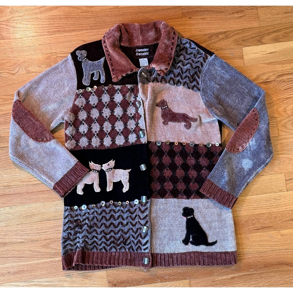 Sweater Sweater Vintage Dog Patchwork Cardigan Button Up Brown Tan Medium
